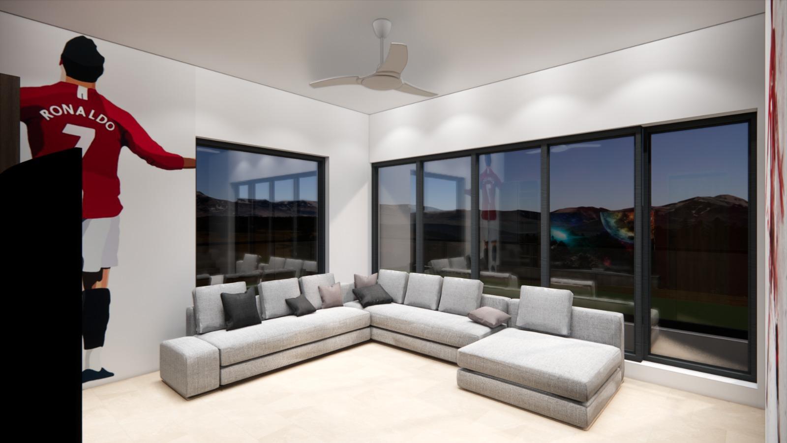 Modern living room interior with large window and sofa