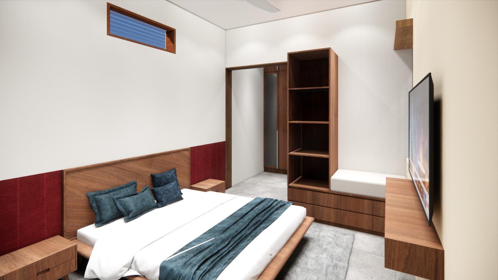 Modern bedroom interior design with blue bed in Chennai