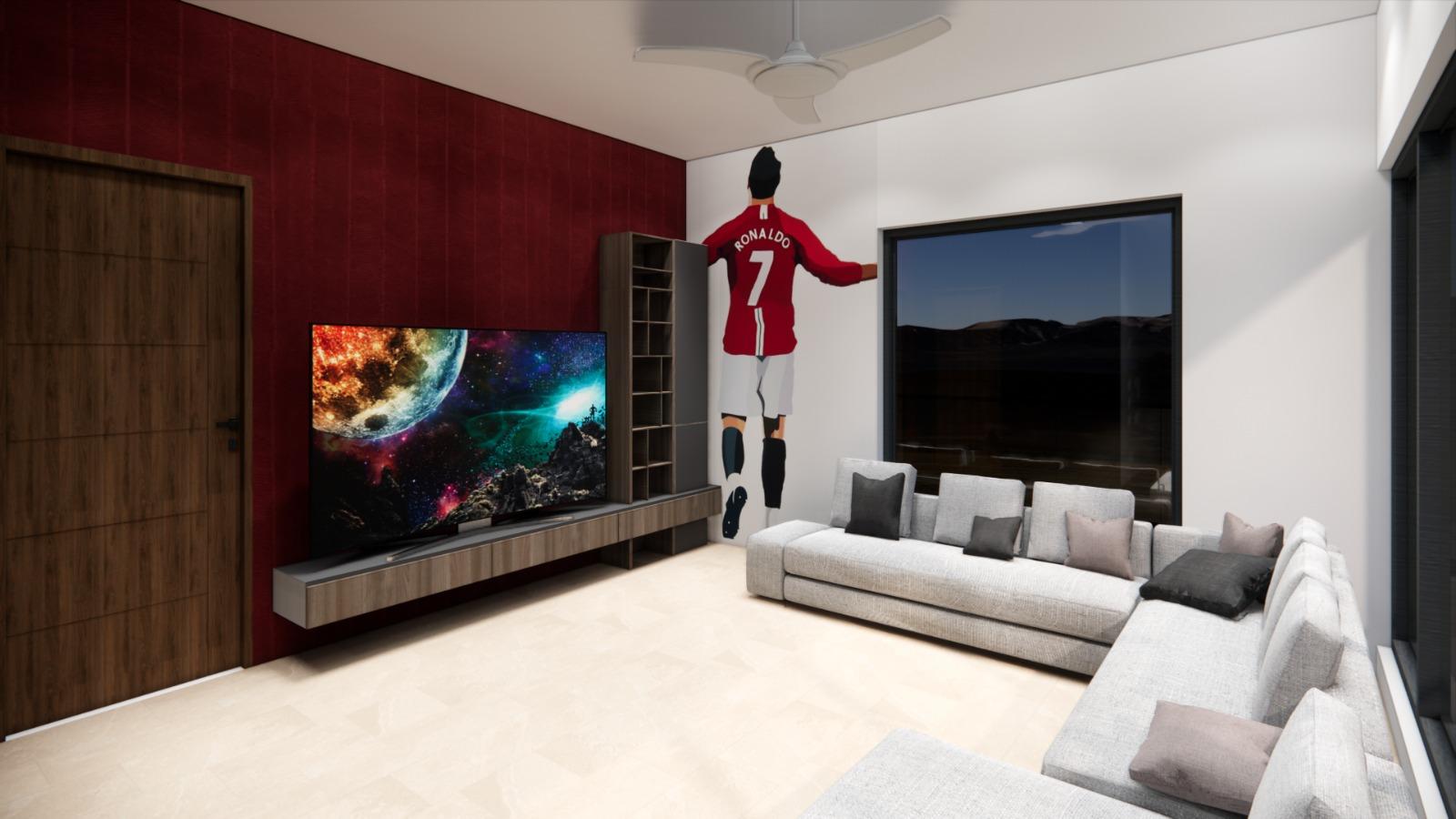 Modern living room TV wall design in Chennai