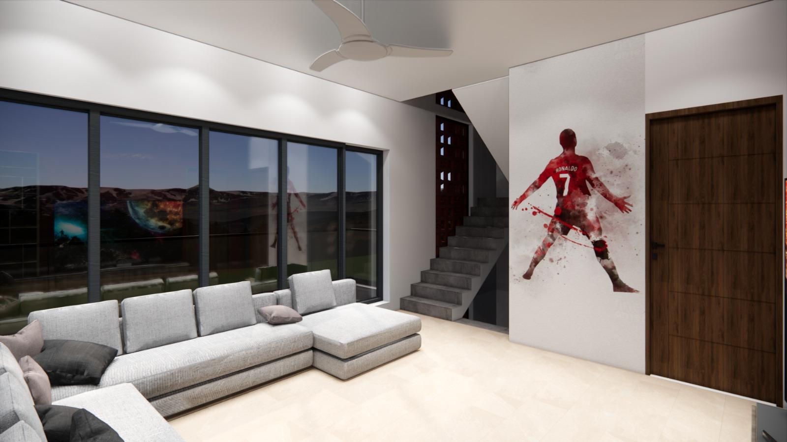 Modern living room interior with scenic window view