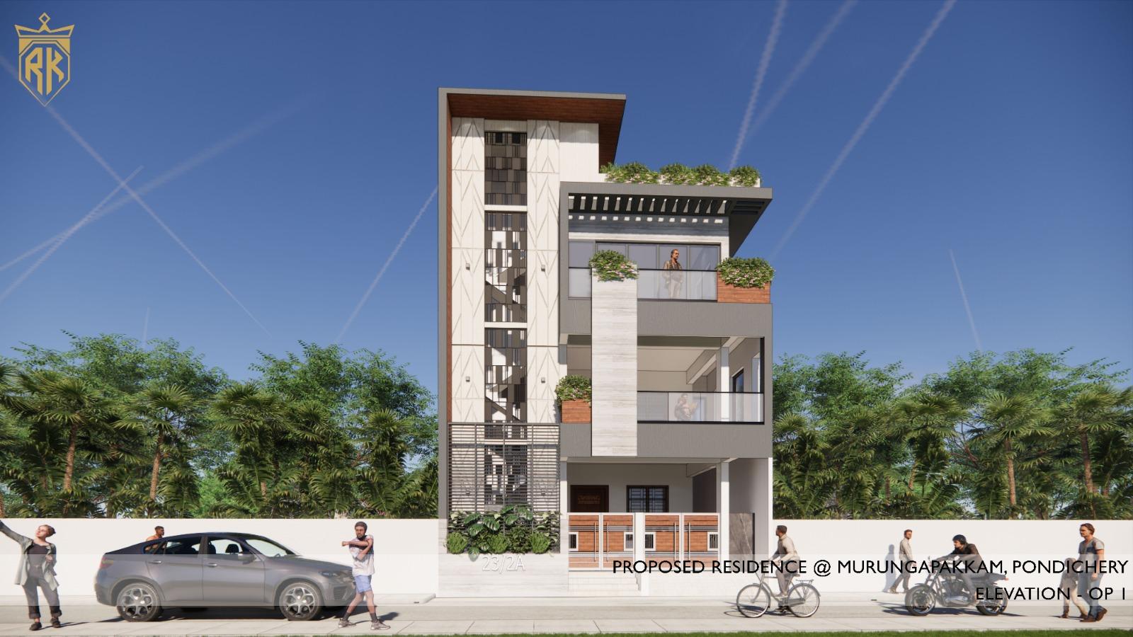 Modern villa elevation design in Tamil Nadu by Naga Design Studio