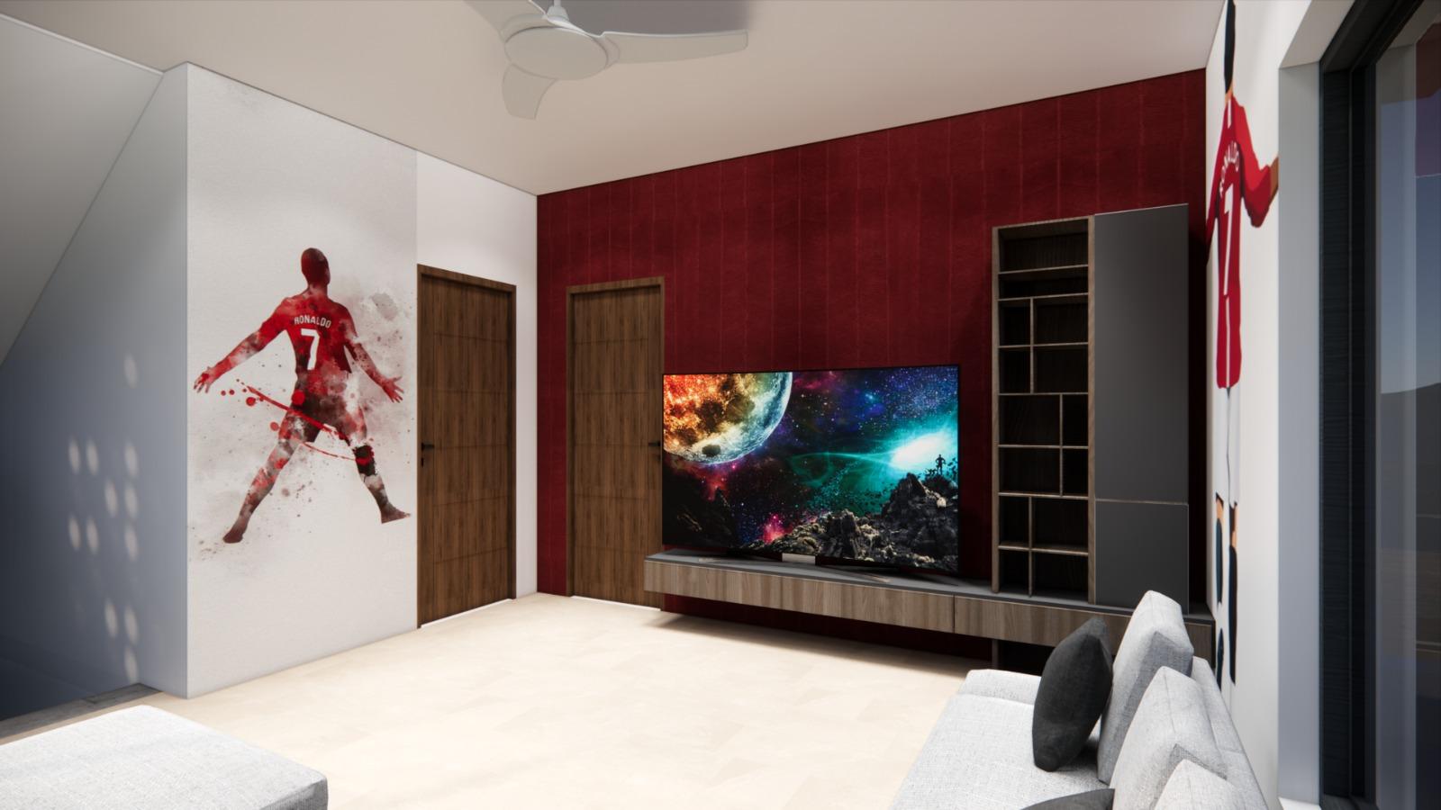 Sports themed bedroom TV unit and wall design