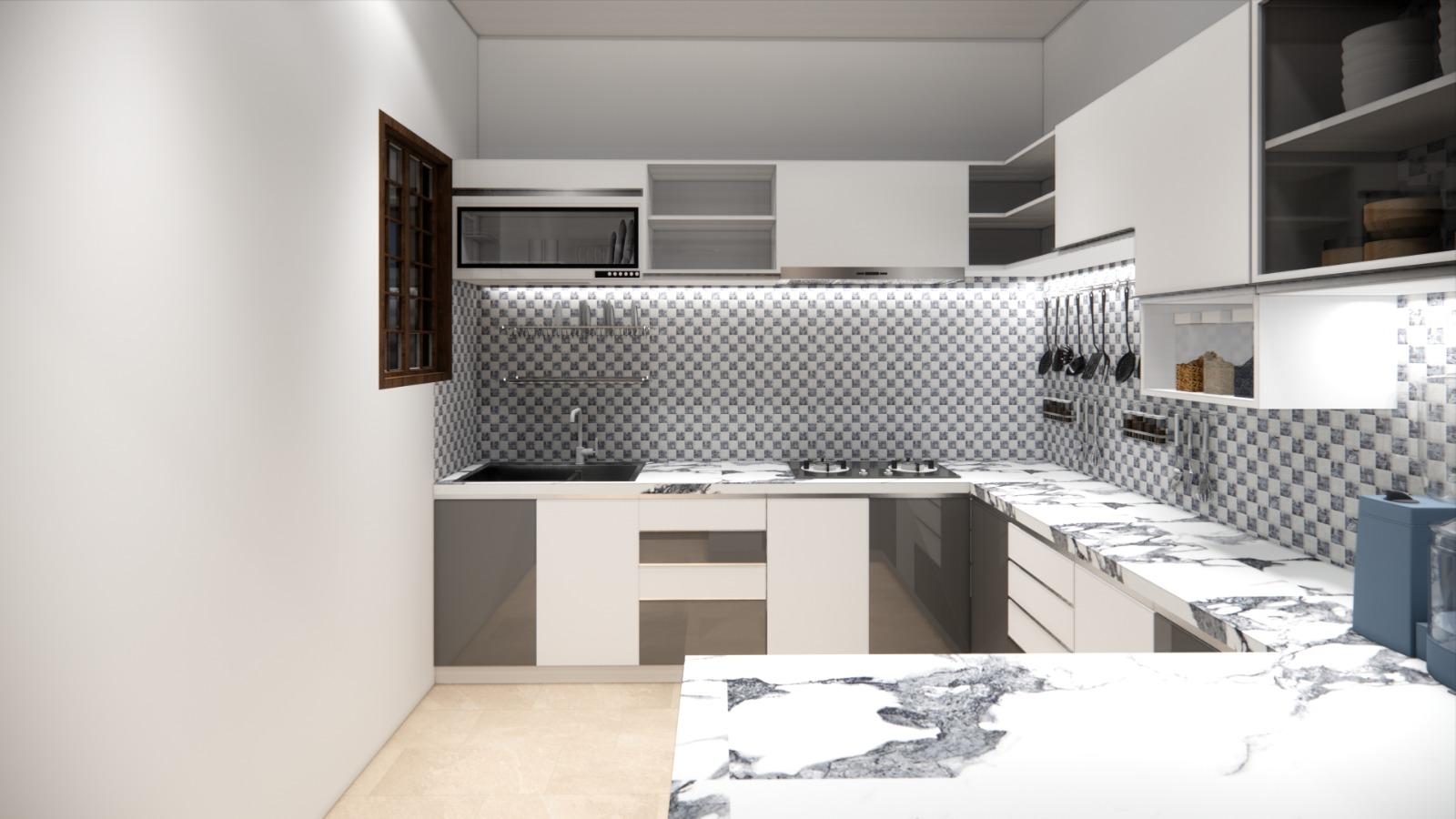 White and grey modular kitchen design for Chennai apartments